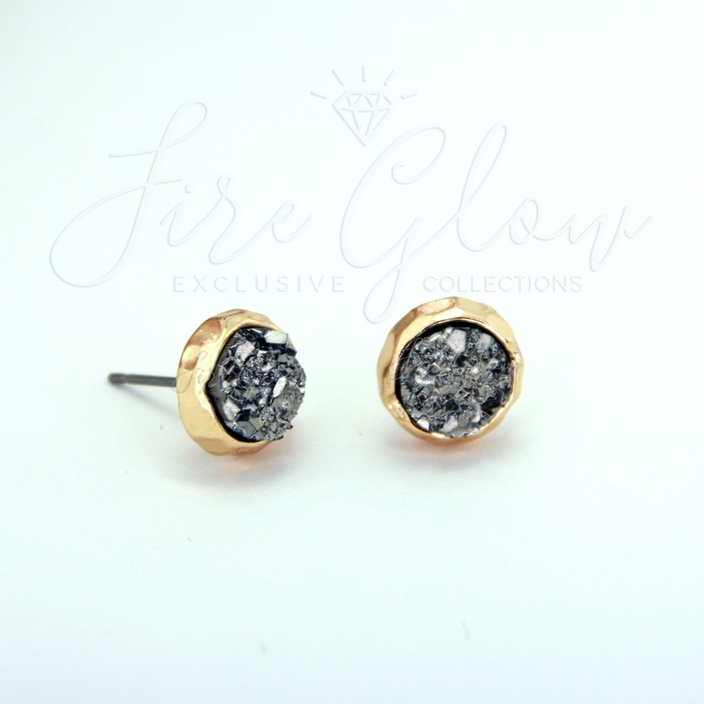 Platinum Tone Druzy Set In Gold Tone Stud Earrings - Picture 5 of 8